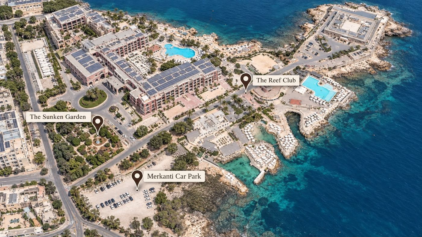 Aerial map of The Westin Dragonara showing The Sunken Garden, The Reef Club and the Merkanti Car Park